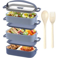   OITUGG Uzsonnásdoboz - 3 szintes uzsonnásdoboz felnőtteknek - 2200 ml-es Bento doboz, evőeszközökkel és 3 állítható rekesszel