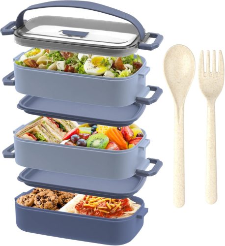 OITUGG Uzsonnásdoboz - 3 szintes uzsonnásdoboz felnőtteknek - 2200 ml-es Bento doboz, evőeszközökkel és 3 állítható rekesszel