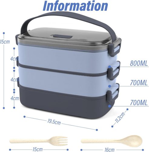 OITUGG Uzsonnásdoboz - 3 szintes uzsonnásdoboz felnőtteknek - 2200 ml-es Bento doboz, evőeszközökkel és 3 állítható rekesszel