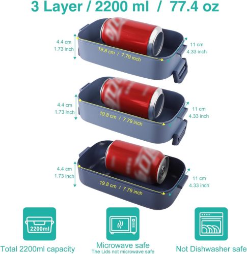 OITUGG Uzsonnásdoboz - 3 szintes uzsonnásdoboz felnőtteknek - 2200 ml-es Bento doboz, evőeszközökkel és 3 állítható rekesszel