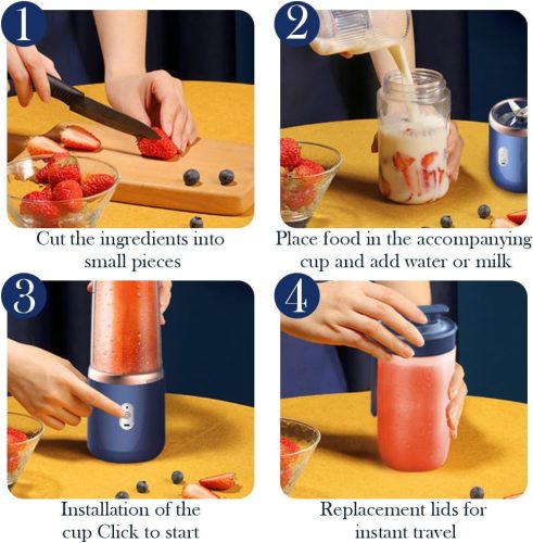 UQTUKO hordozható turmixgép, 400 ml-es turmixkészítő utazási fedéllel Fresh Juice Mixer USB mini mixer 6 pengés 