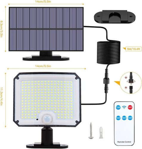 Napelemes Kültéri Lámpa 208 LED – 1200 Lumen, Mozgásérzékelővel, 3 Világítási Móddal, IP65-ös Vízálló