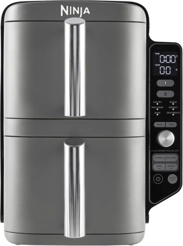 Ninja Double Stack XL Air Fryer forrólevegős fritőz, 9,5 literes Airfryer, dupla kosaras forrólevegős fritőz 4 főzési szinttel, 2 kosárral, 2 ráccsal, helytakarékos kialakítás, 6 főzési funkció, 8 adag, szürke SL400EU