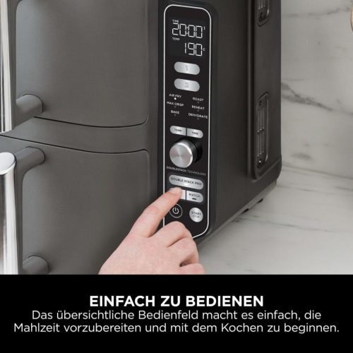 Ninja Double Stack XL Air Fryer forrólevegős fritőz, 9,5 literes Airfryer, dupla kosaras forrólevegős fritőz 4 főzési szinttel, 2 kosárral, 2 ráccsal, helytakarékos kialakítás, 6 főzési funkció, 8 adag, szürke SL400EU