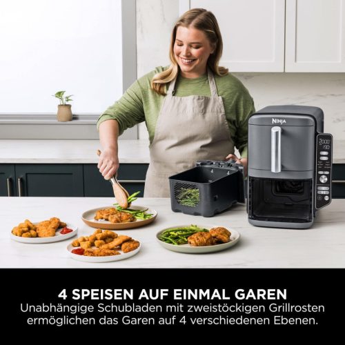 Ninja Double Stack XL Air Fryer forrólevegős fritőz, 9,5 literes Airfryer, dupla kosaras forrólevegős fritőz 4 főzési szinttel, 2 kosárral, 2 ráccsal, helytakarékos kialakítás, 6 főzési funkció, 8 adag, szürke SL400EU