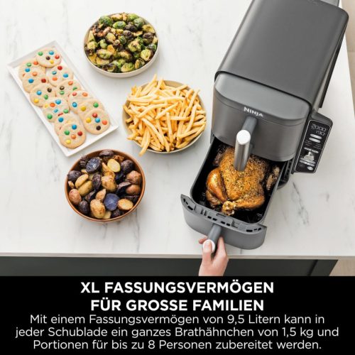 Ninja Double Stack XL Air Fryer forrólevegős fritőz, 9,5 literes Airfryer, dupla kosaras forrólevegős fritőz 4 főzési szinttel, 2 kosárral, 2 ráccsal, helytakarékos kialakítás, 6 főzési funkció, 8 adag, szürke SL400EU