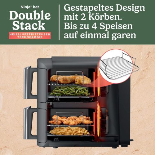 Ninja Double Stack XL Air Fryer forrólevegős fritőz, 9,5 literes Airfryer, dupla kosaras forrólevegős fritőz 4 főzési szinttel, 2 kosárral, 2 ráccsal, helytakarékos kialakítás, 6 főzési funkció, 8 adag, szürke SL400EU