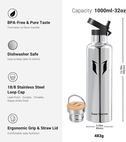 Super Sparrow rozsdamentes acél termosz kulacs – 1 literes, BPA-mentes, hőtartó vizespalack gyerekeknek és felnőtteknek