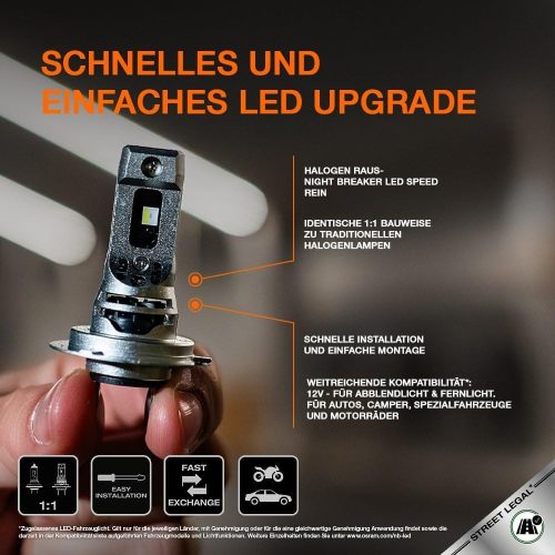  Osram Night Breaker LED Speed H7 autós LED tompított és távolsági fényszóró szett, Közlekedési Hatóság engedéllyel, közúton legálisan használható, 6000K hidegfehér fény, +1550 lumen, akár 6-szoros élettartam,