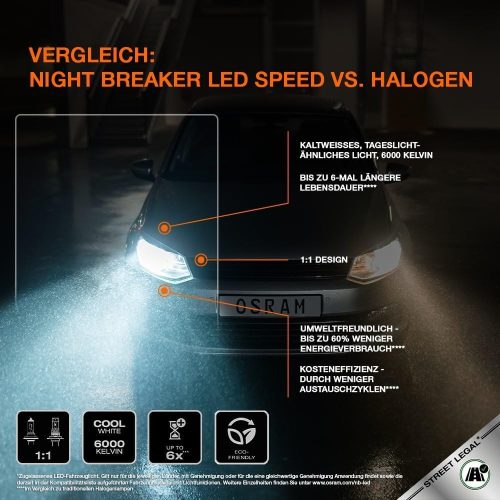  Osram Night Breaker LED Speed H7 autós LED tompított és távolsági fényszóró szett, Közlekedési Hatóság engedéllyel, közúton legálisan használható, 6000K hidegfehér fény, +1550 lumen, akár 6-szoros élettartam,