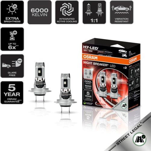  Osram Night Breaker LED Speed H7 autós LED tompított és távolsági fényszóró szett, Közlekedési Hatóság engedéllyel, közúton legálisan használható, 6000K hidegfehér fény, +1550 lumen, akár 6-szoros élettartam,