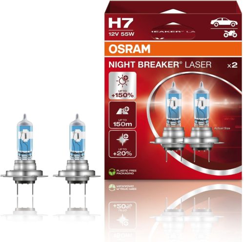 OSRAM NIGHT BREAKER LASER H7, +150%-kal több fény, halogén fényszóróizzó, 64210NL-HCB, 12 V-os autóba, dupla doboz