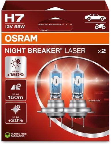 OSRAM NIGHT BREAKER LASER H7, +150%-kal több fény, halogén fényszóróizzó, 64210NL-HCB, 12 V-os autóba, dupla doboz