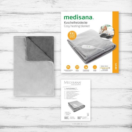 Medisana HB 675 fűthető takaró XXL, mosható, automatikus kikapcsolás, 4 hőmérséklet, 200 x 150 cm, megfordítható, két színű, szürke / sötétszürke
