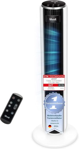 Levoit - Toronyventilátor, fejlett alvó üzemmóddal, csendes, 12 órás időzítővel, 4 üzemmóddal, 5 sebességgel, automatikus működéssel, érzékelős oszcillációval,  távirányítóval, fehér,