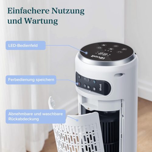Levoit - Toronyventilátor, fejlett alvó üzemmóddal, csendes, 12 órás időzítővel, 4 üzemmóddal, 5 sebességgel, automatikus működéssel, érzékelős oszcillációval,  távirányítóval, fehér,