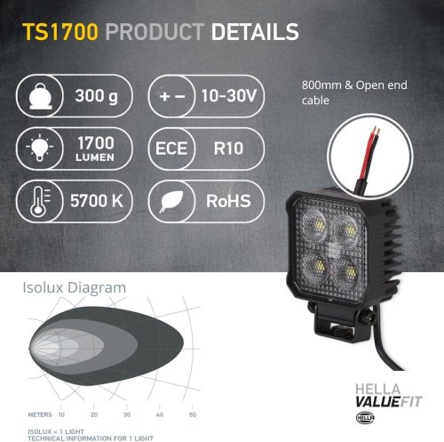 HELLA 1GA 357 110-002 LED-es munkalámpa - Valuefit TS1700 - 12/24V - szögletes - 1700lm, kábel: 800mm - csatlakozó: nyitott kábelvégek