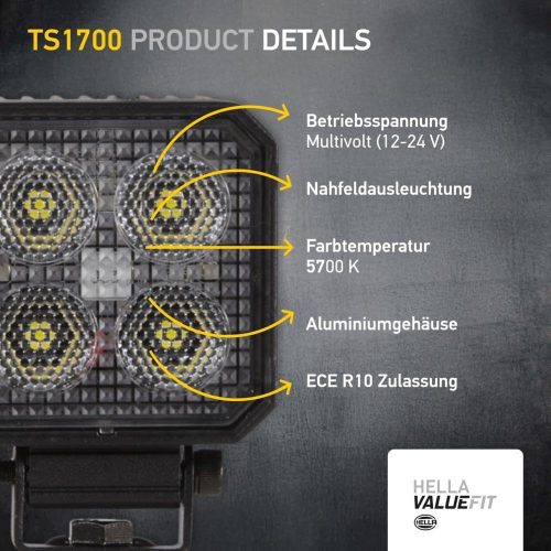 HELLA 1GA 357 110-002 LED-es munkalámpa - Valuefit TS1700 - 12/24V - szögletes - 1700lm, kábel: 800mm - csatlakozó: nyitott kábelvégek
