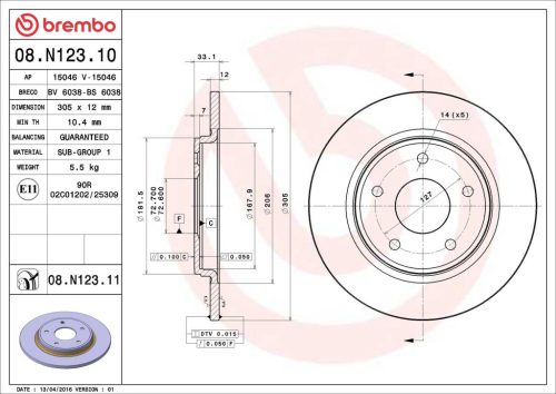 Brembo 08.N123.11 hátsó féktárcsa UV-védelemmel – 2 darabos szett,(Fiat,Dodge,Chrysler,VW)