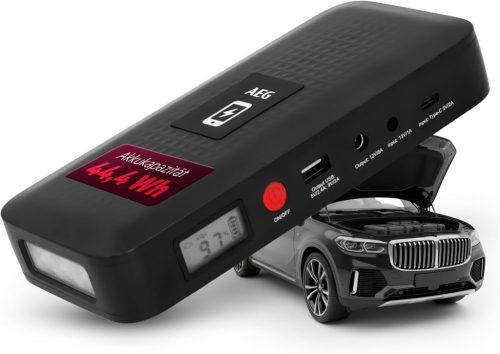AEG Jumpstarter JS15 autós indító vezeték nélküli töltő Power Bank beépített LED lámpával és Li-ion akkumulátorral 400A/1500A, fekete