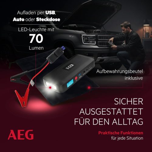 AEG Jumpstarter JS15 autós indító vezeték nélküli töltő Power Bank beépített LED lámpával és Li-ion akkumulátorral 400A/1500A, fekete