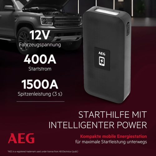 AEG Jumpstarter JS15 autós indító vezeték nélküli töltő Power Bank beépített LED lámpával és Li-ion akkumulátorral 400A/1500A, fekete