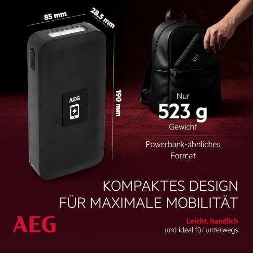 AEG Jumpstarter JS15 autós indító vezeték nélküli töltő Power Bank beépített LED lámpával és Li-ion akkumulátorral 400A/1500A, fekete