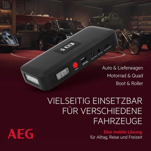 AEG Jumpstarter JS15 autós indító vezeték nélküli töltő Power Bank beépített LED lámpával és Li-ion akkumulátorral 400A/1500A, fekete