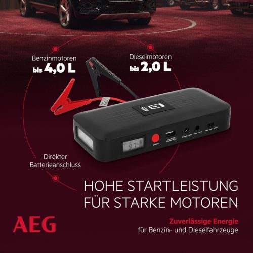AEG Jumpstarter JS15 autós indító vezeték nélküli töltő Power Bank beépített LED lámpával és Li-ion akkumulátorral 400A/1500A, fekete