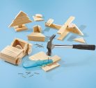 Carpenter King Hammerspiel – Fa barkácskészlet gyerekeknek, különböző méretű faelemekkel, szögekkel és kalapáccsal