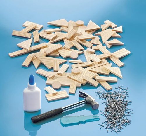 Carpenter King Hammerspiel – Fa barkácskészlet gyerekeknek, különböző méretű faelemekkel, szögekkel és kalapáccsal