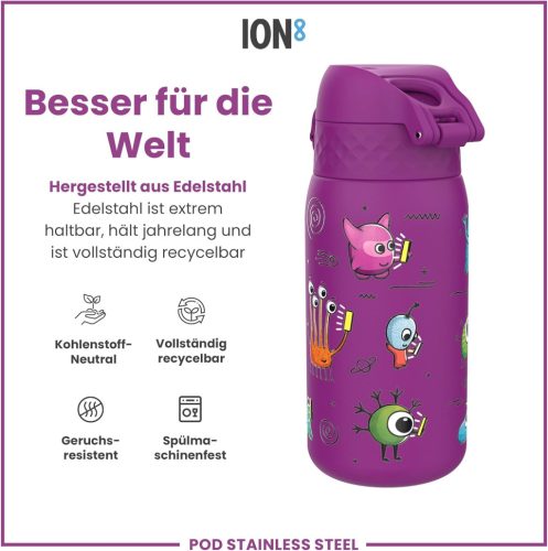 Ion8 rozsdamentes acél gyerek kulacs – 400 ml, szivárgásmentes, egykezes nyitás
