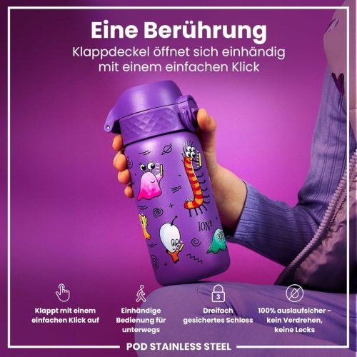 Ion8 rozsdamentes acél gyerek kulacs – 400 ml, szivárgásmentes, egykezes nyitás