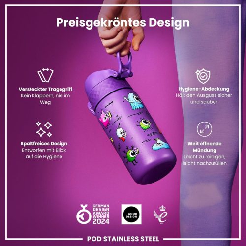 Ion8 rozsdamentes acél gyerek kulacs – 400 ml, szivárgásmentes, egykezes nyitás
