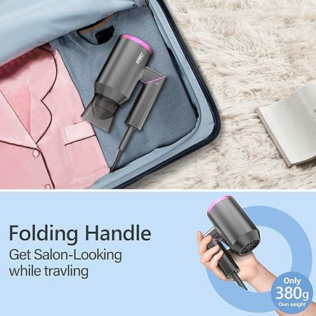 DEWILY összecsukható utazó ionos hajszárító – kompakt modell 3 hőfokozattal, diffúzorral és styling fúvókával