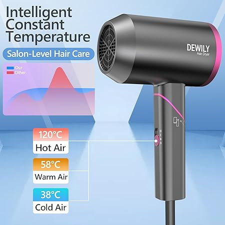 DEWILY összecsukható utazó ionos hajszárító – kompakt modell 3 hőfokozattal, diffúzorral és styling fúvókával