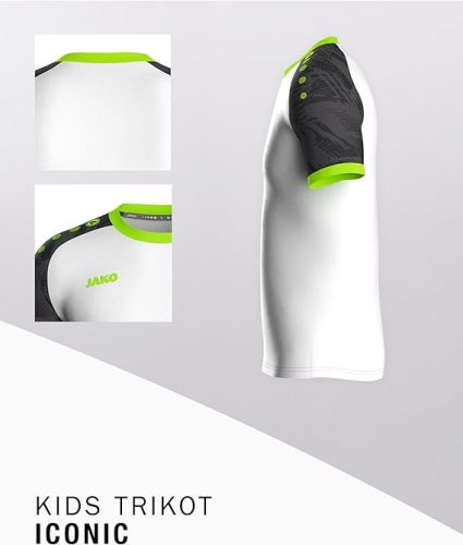JAKO ICONIC Gyerek Rövid Ujjú Sportpóló – Fehér/Fekete/Neon-Zöld, 140-es méret
