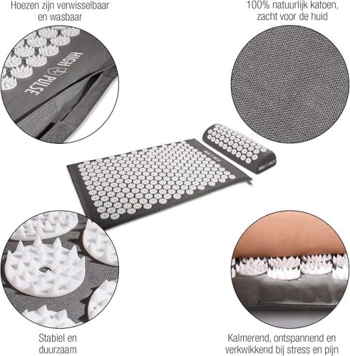 High Pulse akupresszúrás szett – szürke akupresszúrás matrac, párna, 5 gyűrű és poszter