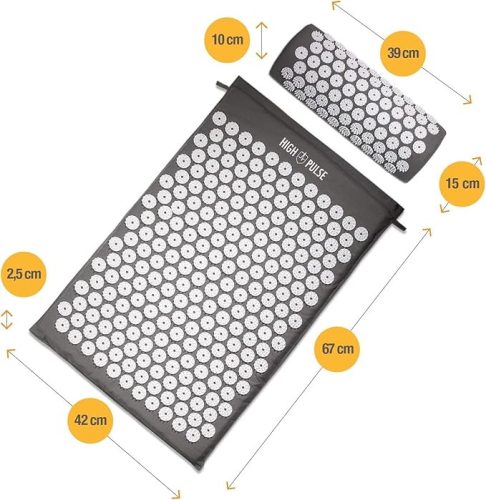 High Pulse akupresszúrás szett – szürke akupresszúrás matrac, párna, 5 gyűrű és poszter