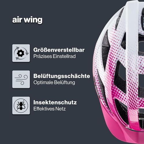 Uvex Air Wing könnyű univerzális kerékpáros sisak – pink-fehér, állítható méret, LED lámpával bővíthető (52–57 cm)