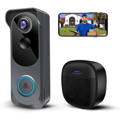   Kamep Vezeték nélküli videós kapucsengő, 1080P WiFi-s intelligens kapucsengő kamera, hangváltó, PIR mozgásérzékelés, kétirányú hang, éjjellátó, elemes, IP66, Alexa-kompatibilis