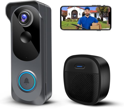 Kamep Vezeték nélküli videós kapucsengő, 1080P WiFi-s intelligens kapucsengő kamera, hangváltó, PIR mozgásérzékelés, kétirányú hang, éjjellátó, elemes, IP66, Alexa-kompatibilis