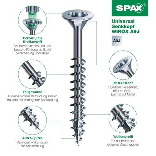 SPAX Univerzális csavar, 4 x 30 mm, 180 db, részmenetes, süllyesztett fejű, T-STAR plus T20, 4CUT, WIROX A9J - 8000000276712