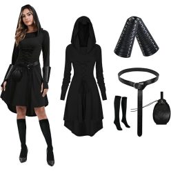   PORJDN gótikus középkori női jelmez – fekete kapucnis ruha szett, 4XL, gyári csomagolásban