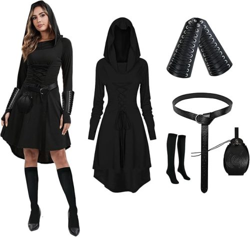 PORJDN gótikus középkori női jelmez – fekete kapucnis ruha szett, 4XL, gyári csomagolásban