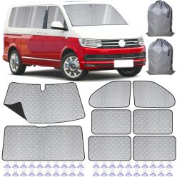   Belső hőszigetelt árnyékoló szett - vastagított változat, fekete hátlappal, 8 db-os csomag, kompatibilis a VW T5/T6 Van LWB (hosszú tengelytávú) modellekkel, többrétegű, tartós anyagból, ezüst fényvisszaverő anyagból