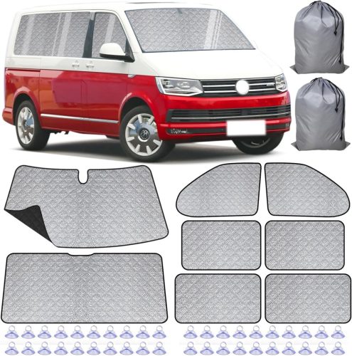 Belső hőszigetelt árnyékoló szett - vastagított változat, fekete hátlappal, 8 db-os csomag, kompatibilis a VW T5/T6 Van LWB (hosszú tengelytávú) modellekkel, többrétegű, tartós anyagból, ezüst fényvisszaverő anyagból