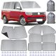 Belső hőszigetelt árnyékoló szett - vastagított változat, fekete hátlappal, 8 db-os csomag, kompatibilis a VW T5/T6 Van LWB (hosszú tengelytávú) modellekkel, többrétegű, tartós anyagból, ezüst fényvisszaverő anyagból