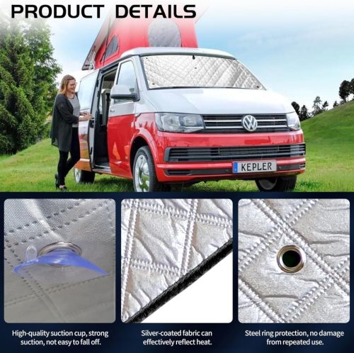 Belső hőszigetelt árnyékoló szett - vastagított változat, fekete hátlappal, 8 db-os csomag, kompatibilis a VW T5/T6 Van LWB (hosszú tengelytávú) modellekkel, többrétegű, tartós anyagból, ezüst fényvisszaverő anyagból