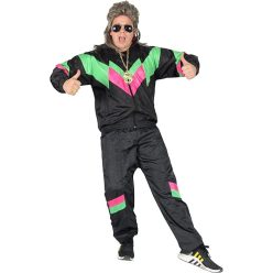   Foxxeo 80-as évek jelmez felnőtteknek – retro sportos “Assianzug” férfi méret S, fekete-zöld-pink